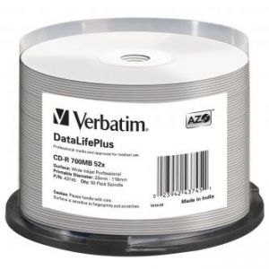 VERBATIM CD-R, 43745, DataLife PLUS, 50-pack, 700MB, 52X, Professional, 80min., 12cm, Wide