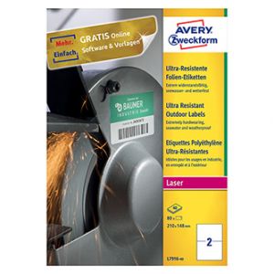 Avery Zweckform etikety 210mm x 148mm, A4, bílé, 2 etikety, velmi odolné, baleno po 40 ks,