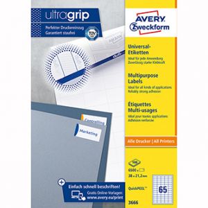 Avery Zweckform etikety 38 x 21.2 mm, A4, bílé, 65 etiket, baleno po 100 ks, 3666, pro las