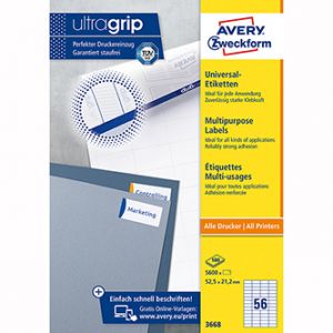 Avery Zweckform etikety 52.5 x 21.2 mm, A4, bílé, 56 etiket, baleno po 100 ks, 3668, pro l