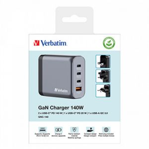 GaN cestovní nabíječka do sítě Verbatim, USB 3.0, USB C, šedá, 140 W, vyměnitelné vidlice 