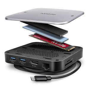 AXAGON HMC-UFO, USB 10Gbps hub, 2x USB-A, USB-C, HDMI 4k/60, RJ-45, M.2 slot, SD/mSD, audi